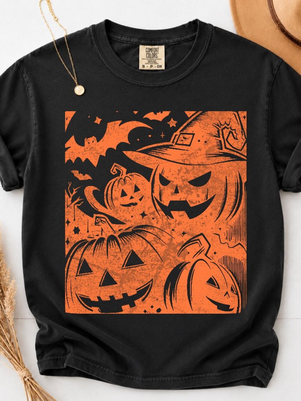 Halloween Orange Pumpkin Comfort Colors Grunge Print Graphic T-Shirt